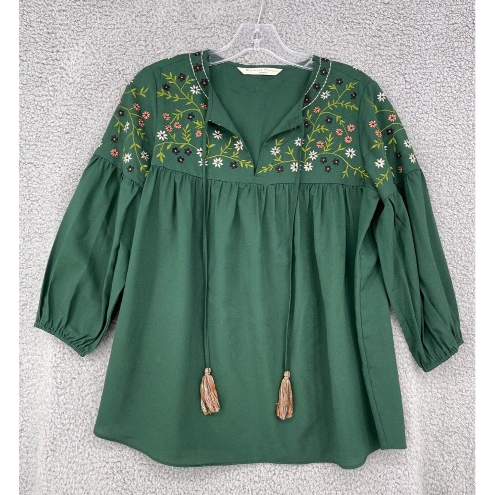 Wayward Fancies eShakti Blouse Womens Medium 8 Green Embroidered Top Boho